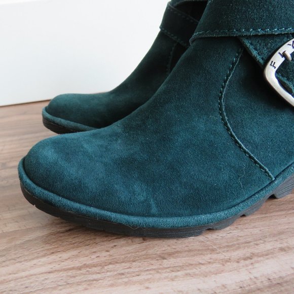 FLY LONDON Perz Suede Leather Ankle Wedge Buckle Boots Dark Petrol Size US 7.5/8 - Picture 8 of 16